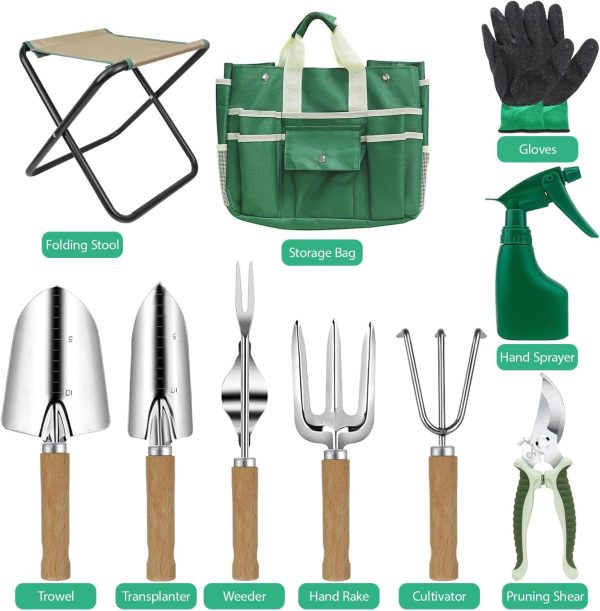 Tool Set 10 Pieces Heavy Duty Gardenting Tool Kit Folding Stool with