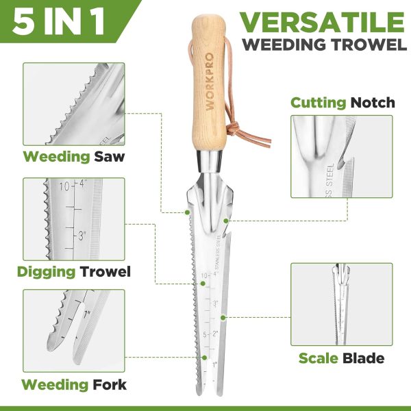 Weeder Puller 5-in-1 Stainless Steel Trowel with Wooden Handle Weeding Tool for
