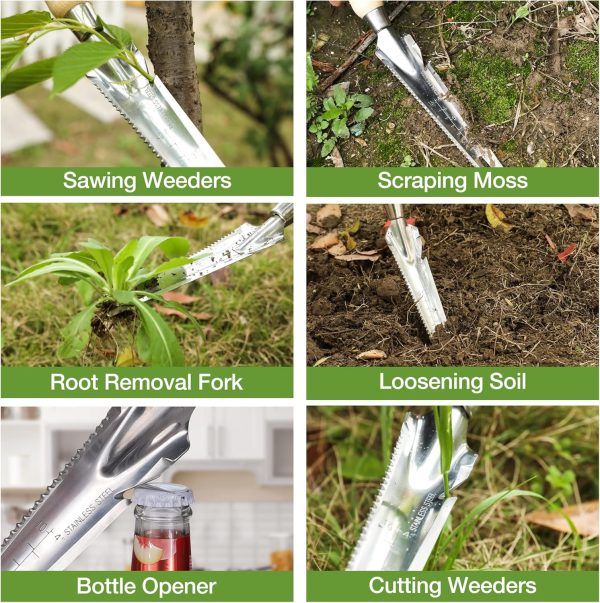 Weeder Puller 5-in-1 Stainless Steel Trowel with Wooden Handle Weeding Tool for